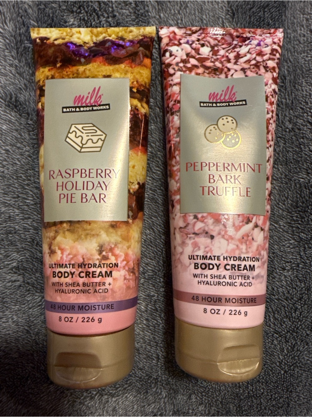 Bath & Body Works Raspberry Holiday Pie Bar and Peppermint Bark Truffle cream